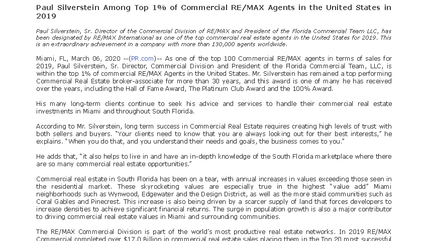 Press release about Florida Commercial Team