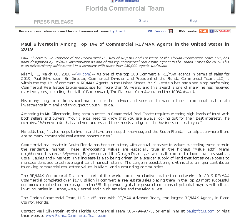 Press release about Florida Commercial Team